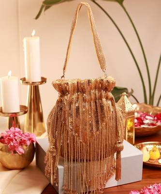 Gold twinkle potli and pink flap bag combo 2