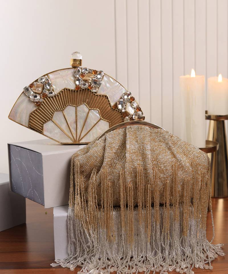 Golden mother of pearl clutch and amour batua bag combo