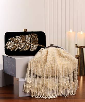 Pearl black embroidered clutch and white pearl batua bag combo 1