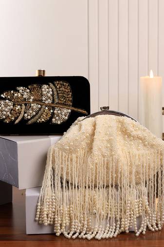 Pearl black embroidered clutch and white pearl batua bag combo
