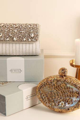 Gold mother of pearl clutch and grace white flap bag combo