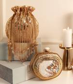 Golden mother of pearl clutch and twinkle gold potli bag combo