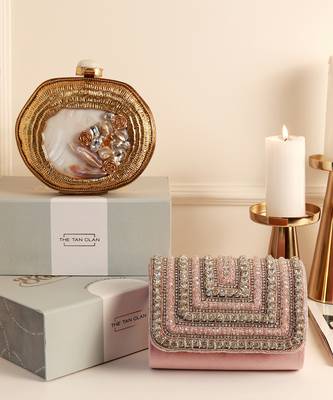 Gold mother of pearl clutch and pink flap bag combo 1