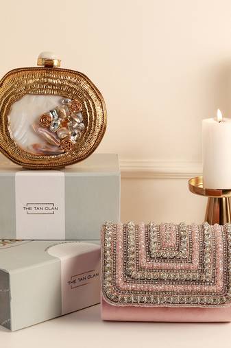 Gold mother of pearl clutch and pink flap bag combo