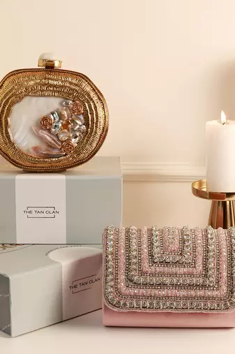 Gold mother of pearl clutch and pink flap bag combo