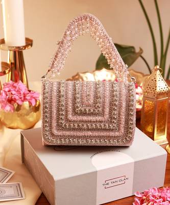 Gold mother of pearl clutch and pink flap bag combo 2