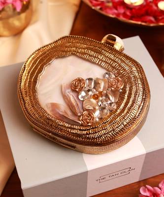 Golden mother of pearl clutch and twinkle gold potli bag combo 4