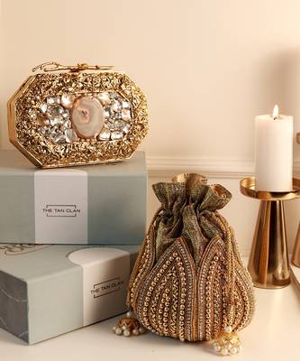 Golden burj agate stone clutch and mini lotus potli bag combo 1