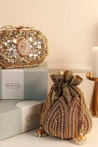 Golden burj agate stone clutch and mini lotus potli bag combo
