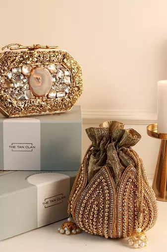 Golden burj agate stone clutch and mini lotus potli bag combo