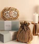 Golden burj agate stone clutch and mini lotus potli bag combo