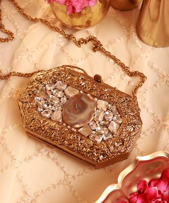 Golden burj agate stone clutch and mini lotus potli bag combo 2