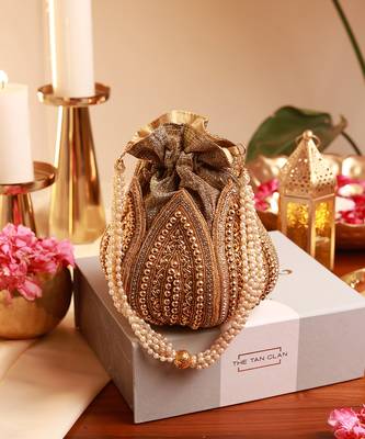 Golden burj agate stone clutch and mini lotus potli bag combo 3