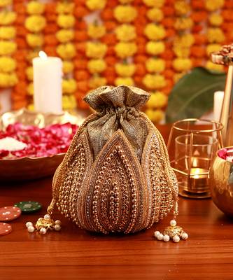 Golden burj agate stone clutch and mini lotus potli bag combo 4