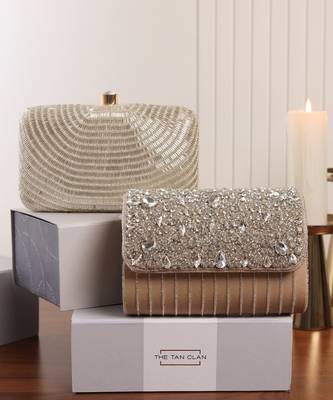 Grace beige flap bag and glitz silver clutch combo 1