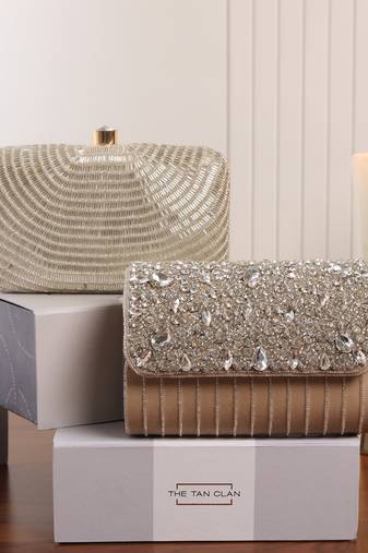 Grace beige flap bag and glitz silver clutch combo