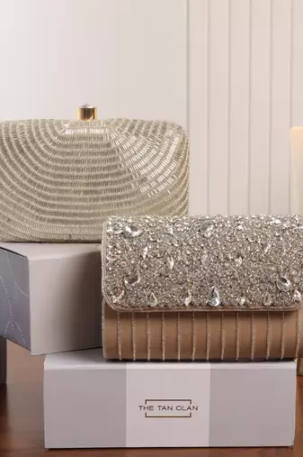 Grace beige flap bag and glitz silver clutch combo