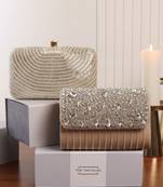 Grace beige flap bag and glitz silver clutch combo