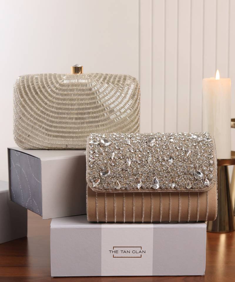 Grace beige flap bag and glitz silver clutch combo