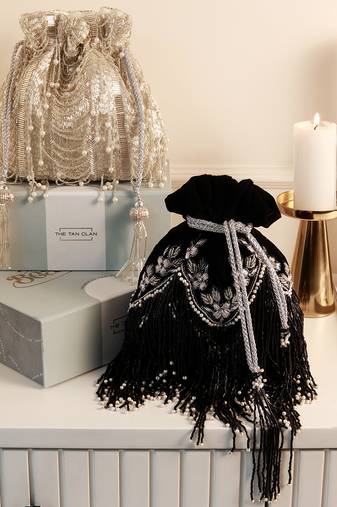 Black tassel potli and silver potli bag combo