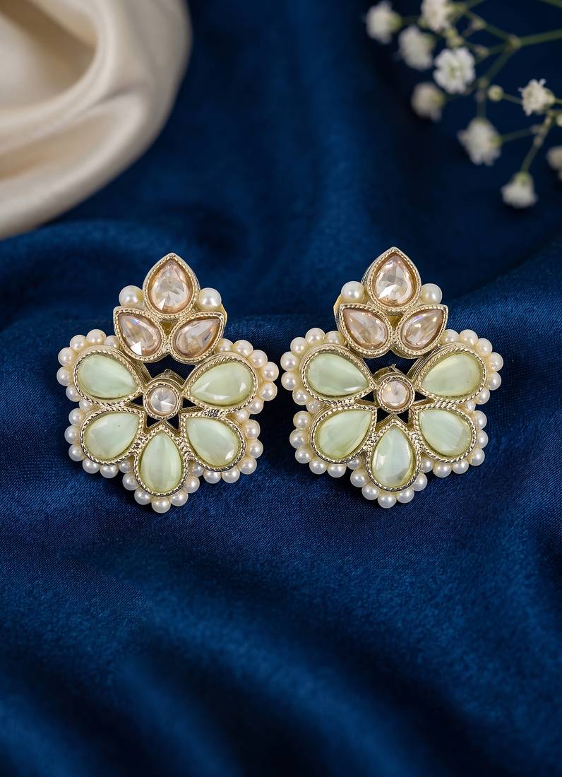Gold plated mint kundan pearl floral ethnic wedding jewellery stud earring for women & girls