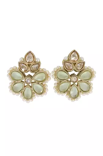 Gold plated mint kundan pearl floral ethnic wedding jewellery stud earring for women & girls