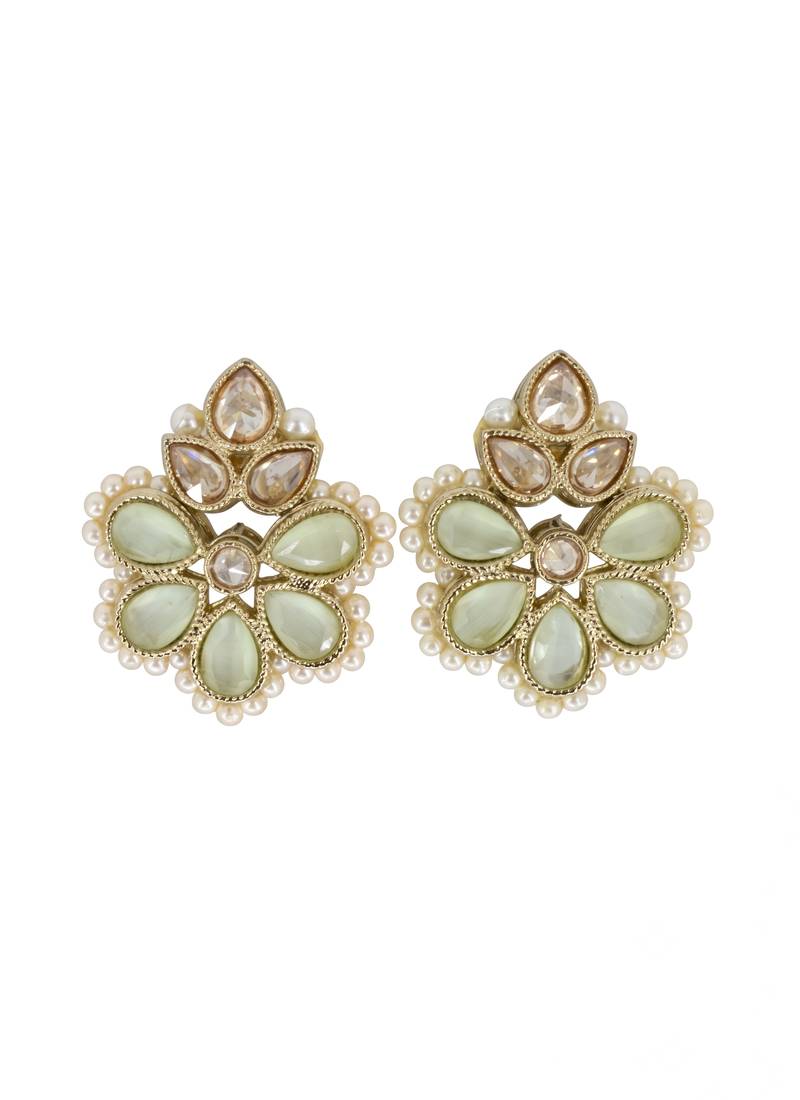 Gold plated mint kundan pearl floral ethnic wedding jewellery stud earring for women & girls