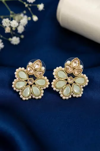 Gold plated mint kundan pearl floral ethnic wedding jewellery stud earring for women & girls