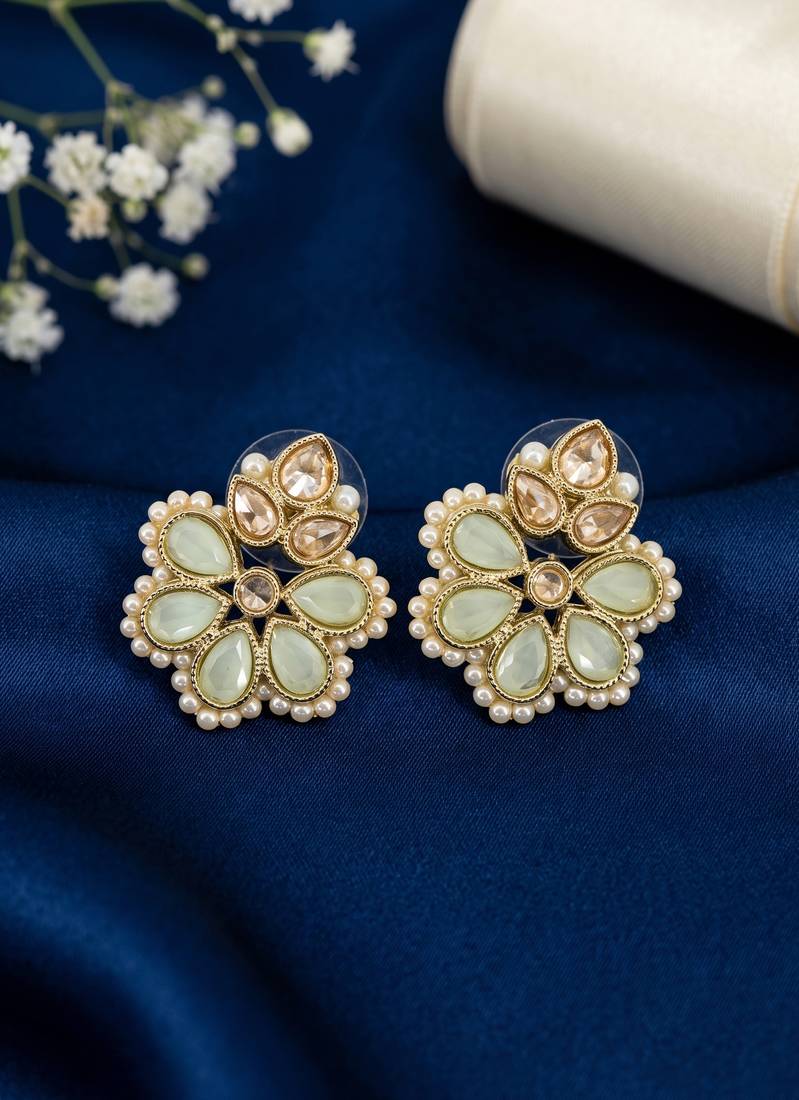 Gold plated mint kundan pearl floral ethnic wedding jewellery stud earring for women & girls