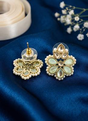 Gold plated mint kundan pearl floral ethnic wedding jewellery stud earring for women & girls 5