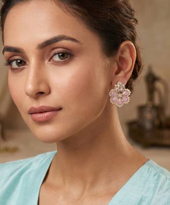 Gold plated pink kundan pearl floral ethnic wedding jewellery stud earring for women & girls 1