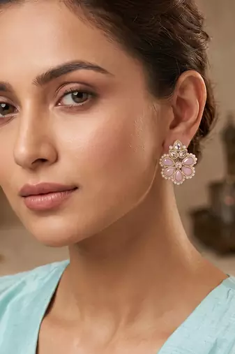 Gold plated pink kundan pearl floral ethnic wedding jewellery stud earring for women & girls