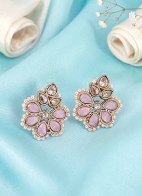 Gold plated pink kundan pearl floral ethnic wedding jewellery stud earring for women & girls 2