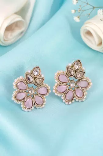 Gold plated pink kundan pearl floral ethnic wedding jewellery stud earring for women & girls