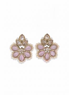 Gold plated pink kundan pearl floral ethnic wedding jewellery stud earring for women & girls 3