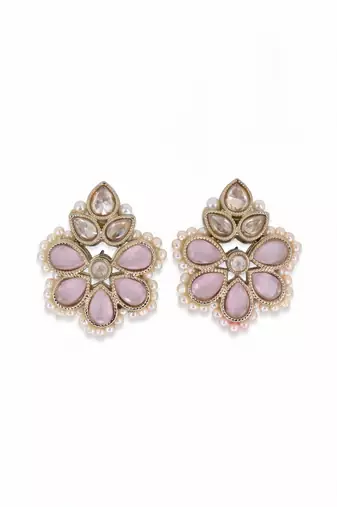 Gold plated pink kundan pearl floral ethnic wedding jewellery stud earring for women & girls
