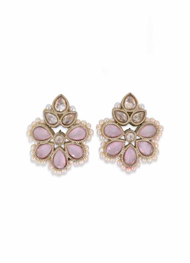Gold plated pink kundan pearl floral ethnic wedding jewellery stud earring for women & girls