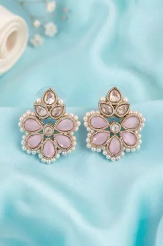 Gold plated pink kundan pearl floral ethnic wedding jewellery stud earring for women & girls