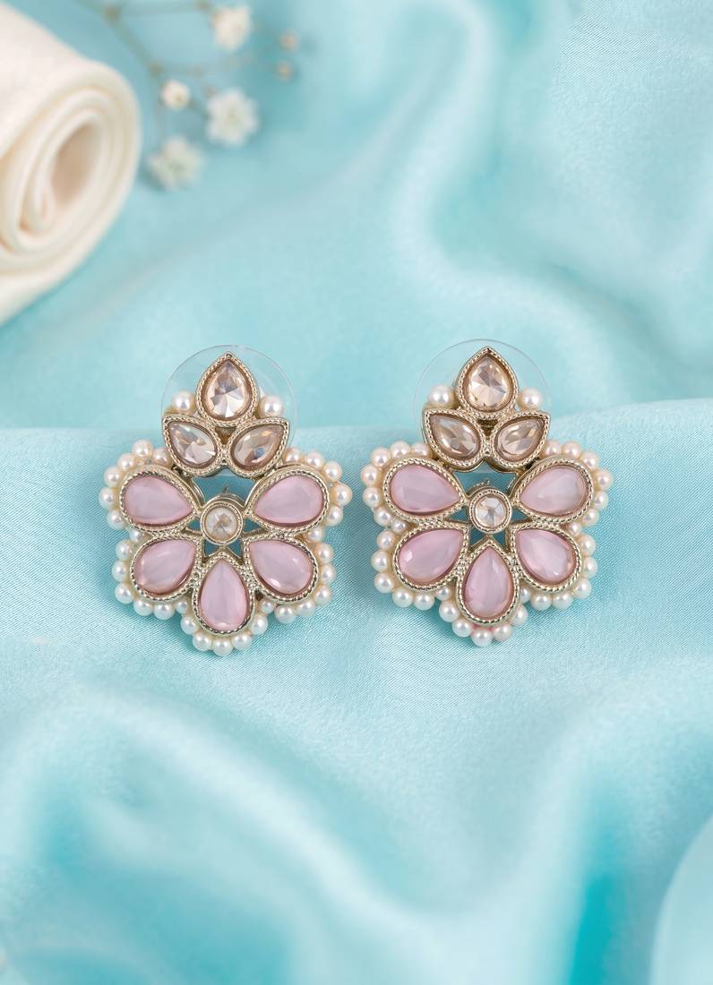 Gold plated pink kundan pearl floral ethnic wedding jewellery stud earring for women & girls