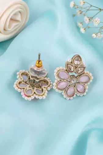 Gold plated pink kundan pearl floral ethnic wedding jewellery stud earring for women & girls