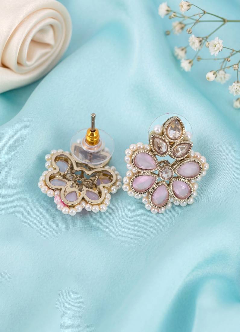 Gold plated pink kundan pearl floral ethnic wedding jewellery stud earring for women & girls