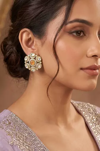 Pretty round shape peach kundan mehandi gold plated stud stud earring for women and girls