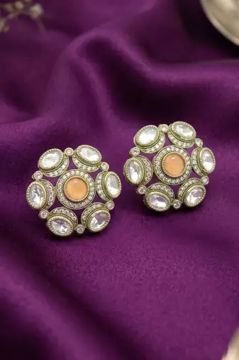 Pretty round shape peach kundan mehandi gold plated stud stud earring for women and girls