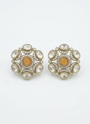 Pretty round shape peach kundan mehandi gold plated stud stud earring for women and girls 3