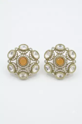 Pretty round shape peach kundan mehandi gold plated stud stud earring for women and girls