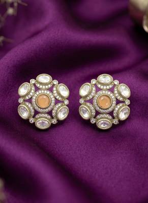 Pretty round shape peach kundan mehandi gold plated stud stud earring for women and girls 4