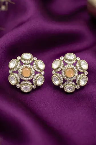 Pretty round shape peach kundan mehandi gold plated stud stud earring for women and girls