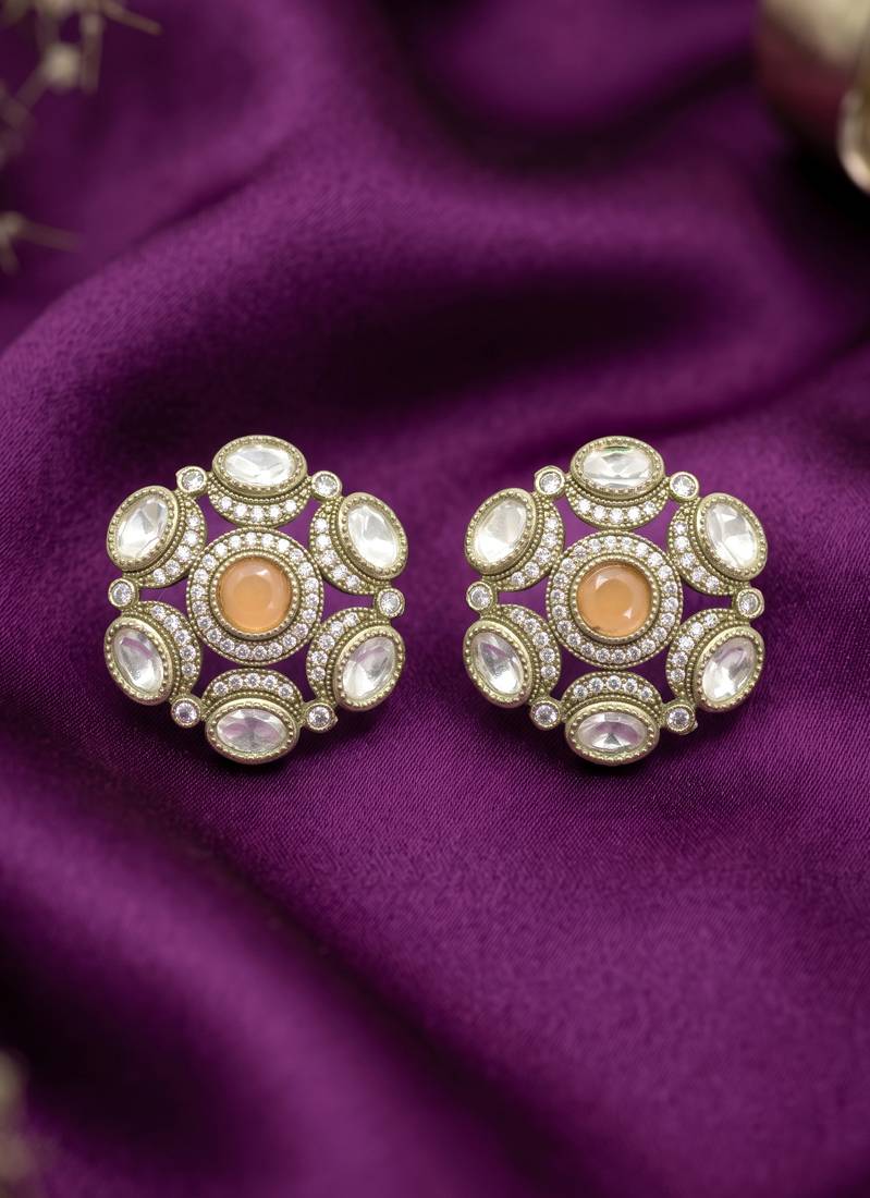 Pretty round shape peach kundan mehandi gold plated stud stud earring for women and girls