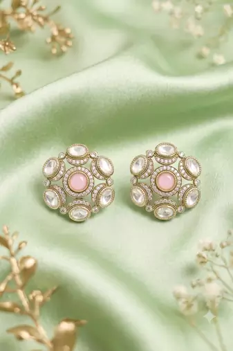 Royal round shape pink kundan mehandi gold plated stud stud earring for women and girls