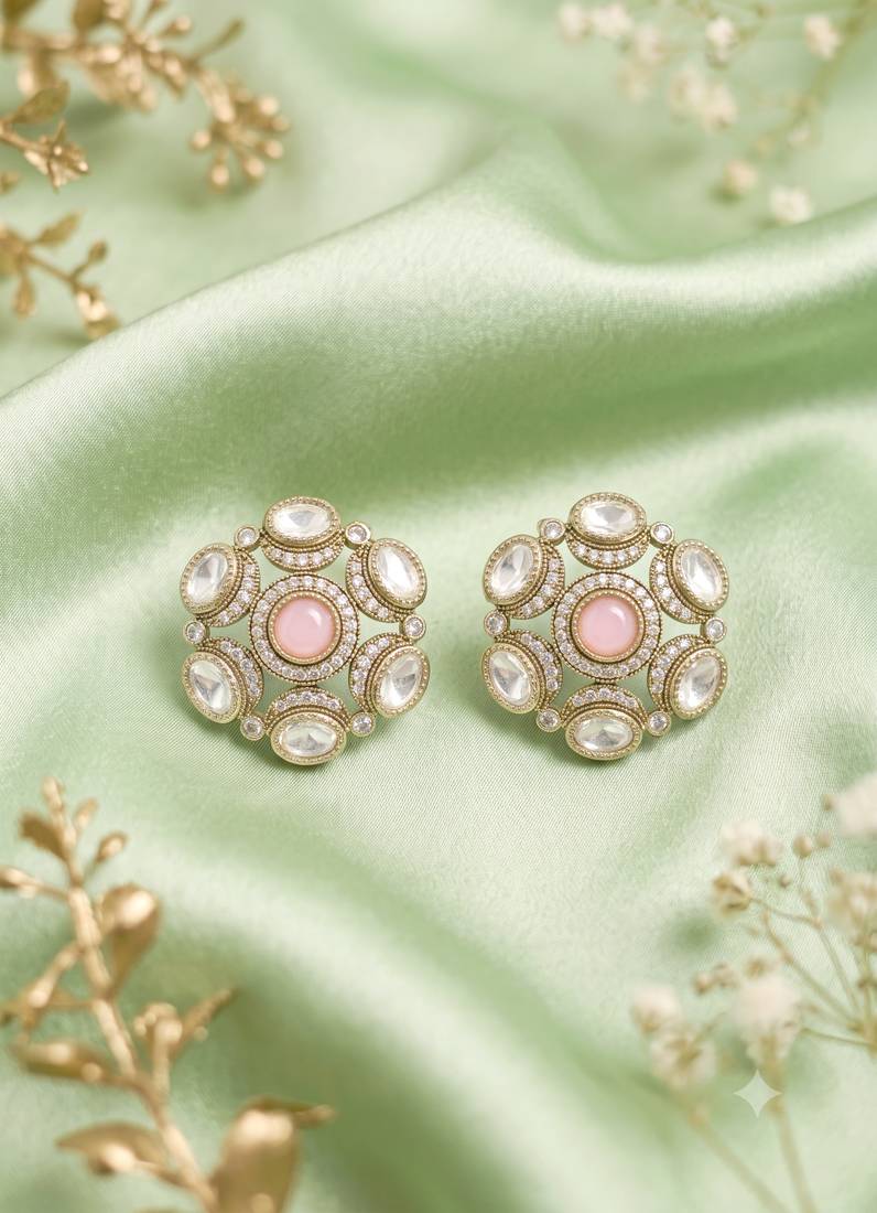 Royal round shape pink kundan mehandi gold plated stud stud earring for women and girls